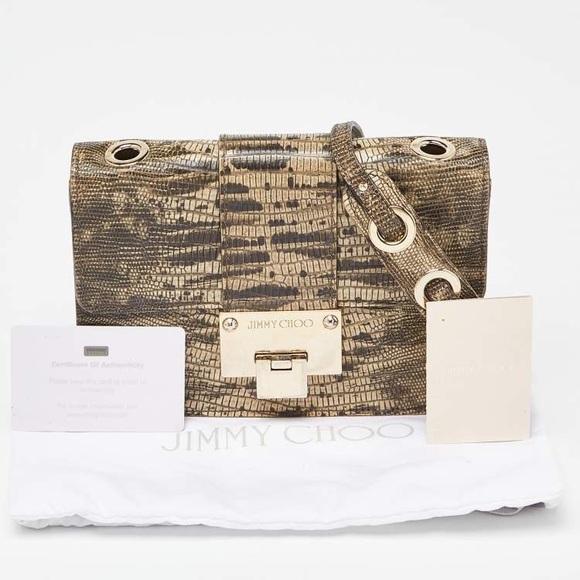 [SOLD] Jimmy Choo Black/Beige Snake or Croc Embossed Leather Rebel Crossbody Bag - Picture 9 of 11